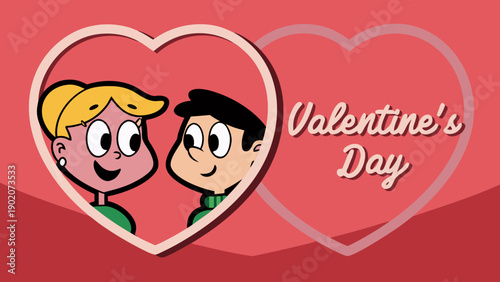 Cartoon couple in heart frame valentine's day greeting hand drawn style festive red background love theme romantic illustration smiling faces heart shaped valentine's day card
