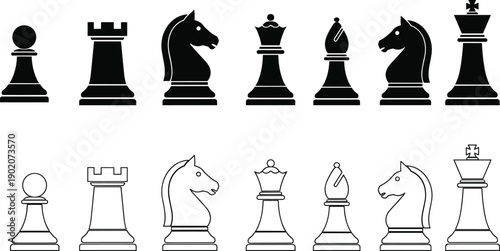 Black and white chess pieces vector illustration, strategic board game concept, stylized design, king, queen, knight, rook, pawn
