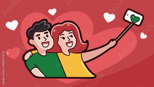 Loving cartoon couple taking selfie with heart shaped background and white hearts