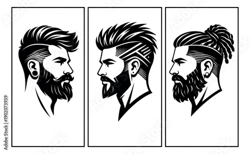 Modern line art male profiles set featuring various trendy beards and haircuts for barber shop branding