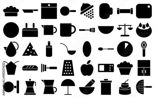 Kitchen and cooking icons in a minimalist black filled glyph style for culinary apps and websites