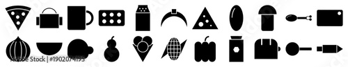 Kitchen and food icons in a minimalist black filled style for web and interface design.
