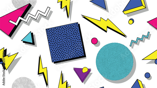 Retro Memphis style seamless vector pattern with neon lightning bolts triangles and geometric shapes for 90s streetwear or funky textile design