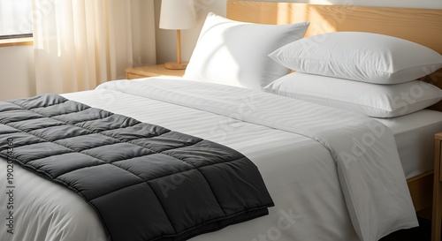 A perfect bed with crisp white sheets and a weighted blanket, inviting rest.
