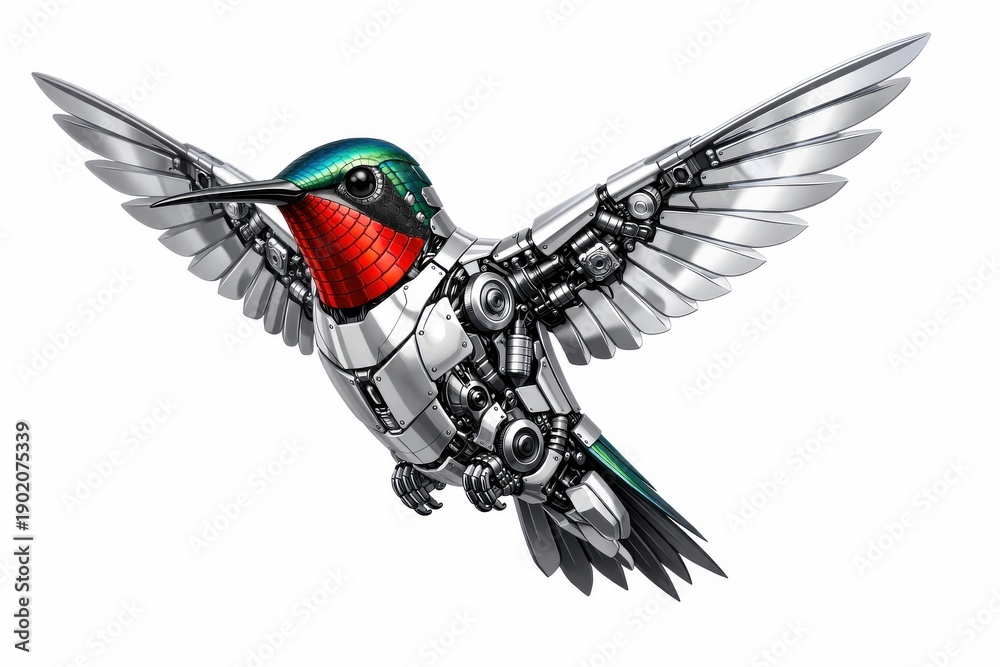Fototapeta premium Mechanical hummingbird robot with metallic wings and vibrant colors flying in air