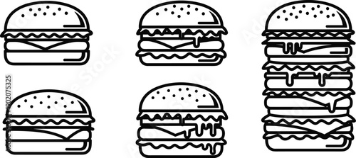 Black and white hamburger illustration set with five stylized burger designs, layered patties and toppings for food graphics