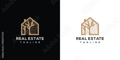Real Estate Logo House with Tree Inside Brown  Gold.