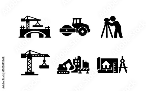 Construction and engineering icons depicting various heavy machinery and planning tools