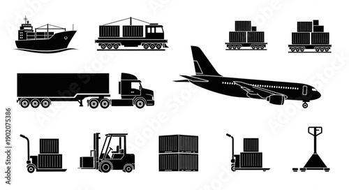 Collection of transportation and logistics icons for shipping and delivery services.