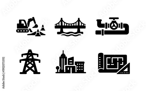 Collection of construction and infrastructure icons representing different engineering and building projects