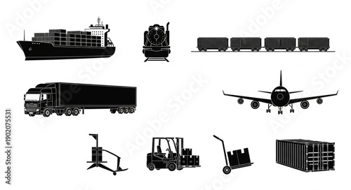 Collection of transportation and logistics icons silhouette.
