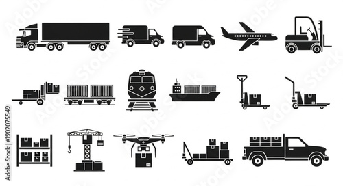 Collection of transportation and logistics icons.