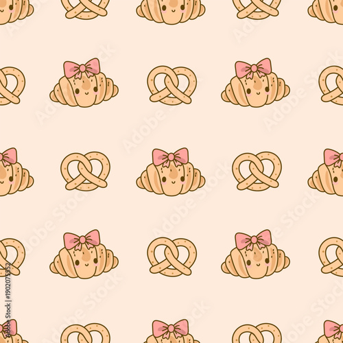 Seamless cute bakery pattern with pretzels and croissants. Funny bakery characters with smiling faces, perfect for kids design, packaging, wrapping paper, textiles