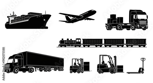 Collection of transportation and logistics vehicles and equipment.