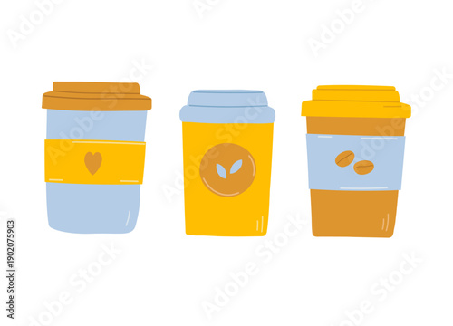 Set of Cartoon cups. Teacup or coffee to go. Papercups for hot drinks with lids. Design in minimalist style. Illustration for cafes, menus, social media. Vector illustration. Coffee Break, food, drink