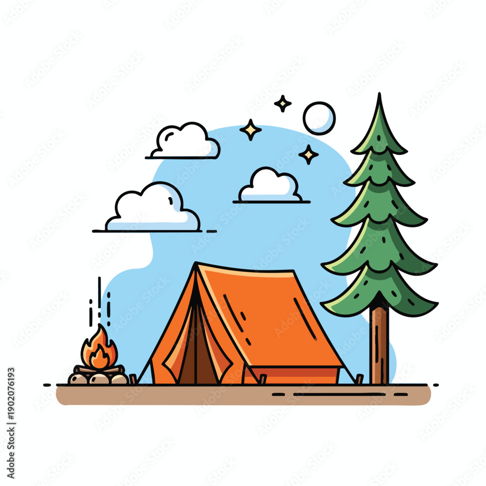 Fototapeta premium Cozy Camping Scene with Tent and Pine Tree