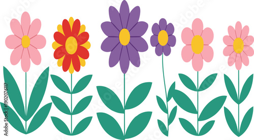 Simple summer garden flower vector set with colorful pink purple and yellow blossoms on green leafy stems for spring stationery or nursery decor