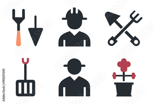 farmer tools web flat icon set silhouette on white background