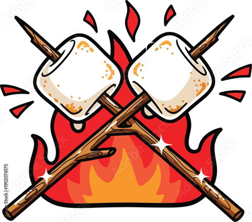 Toasted marshmallows s'mores on fire with wooden sticks