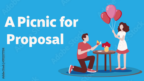 Couple having a romantic picnic proposal with balloons and flowers in a beautiful outdoor setting