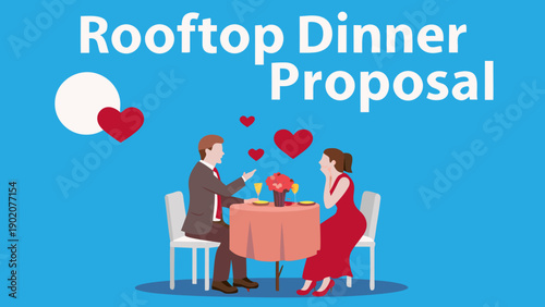 Couple having a romantic rooftop dinner proposal with hearts and flowers on a blue background