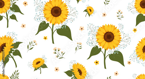 Seamless pattern of vibrant sunflowers and delicate baby's breath, vector illustration perfect for summer designs
