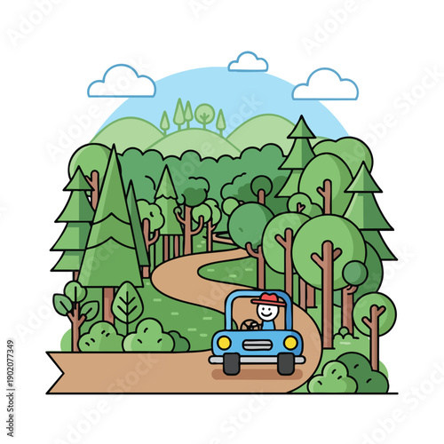 Cartoon Car Driving Through Forest