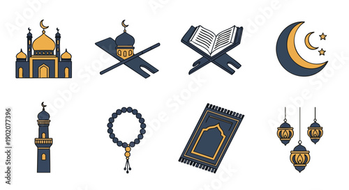 Icônes Minimalistes Duoton Bleu or du Ramadan