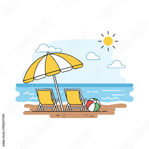 Serene beach scene with lounge chairs and parasol