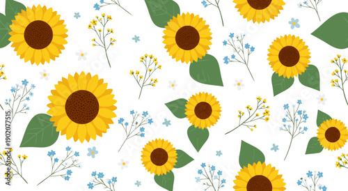 Seamless floral pattern with bright yellow sunflowers and delicate blue flowers vector illustration