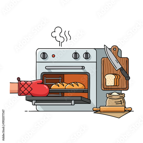 Freshly baked bread being removed from the oven