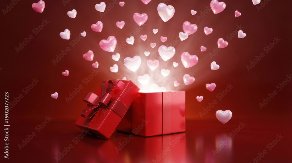 Obraz premium Opened red gift box with glowing light and floating pink hearts on dark burgundy background