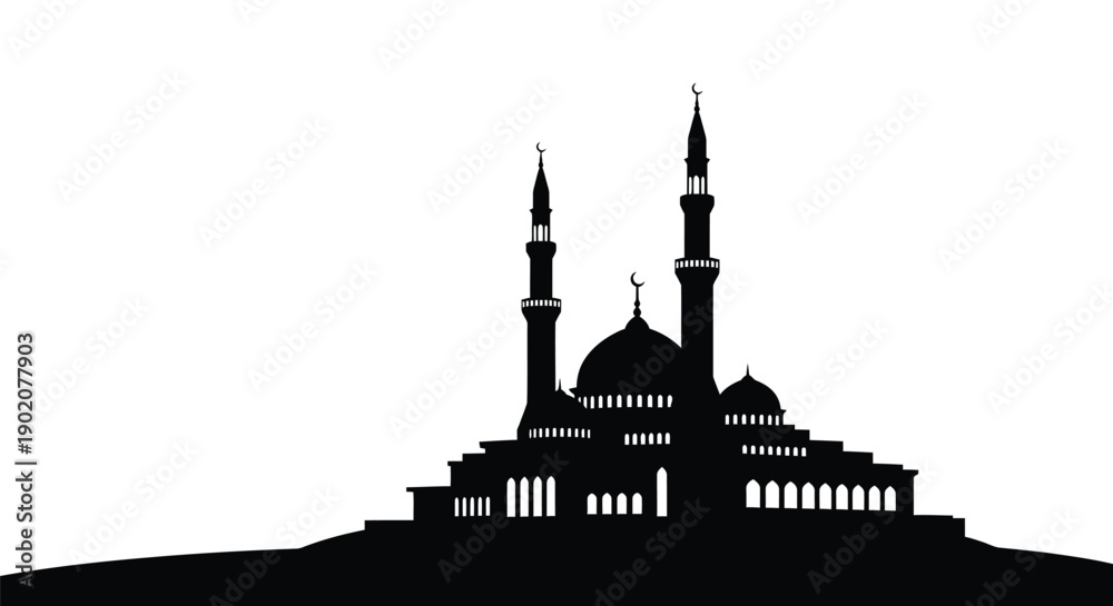 Fototapeta premium Mosque Silhouette with Minarets and Dome on White Background