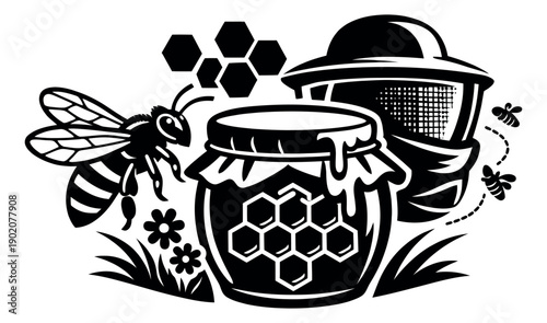 Stylized beekeeping set featuring a bee, honey jar, and beekeeper's veil for apiary business