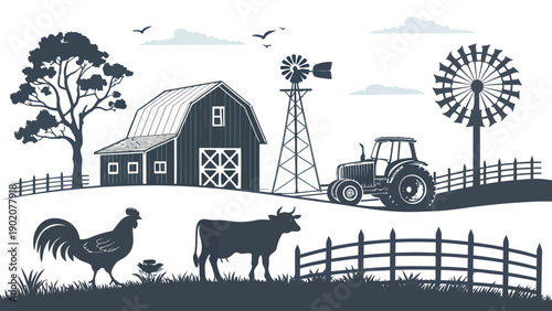 Farm life scene with barn tractor windmill cow rooster and fence in black silhouette on white background