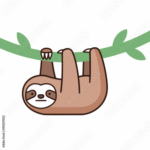 Minimalist Perezeso Sloth Icon Hanging on Vine, 2D Flat Vector Mascot