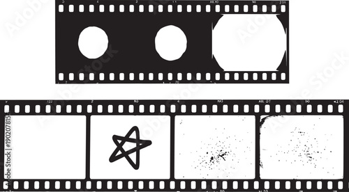 Black and white vintage film strips with blank frames and distressed grunge textures, ideal for creative photography projects and nostalgic design elements