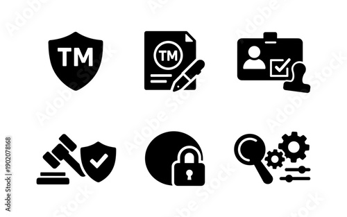 Set of icons representing trademark registration, legal protection, and security measures
