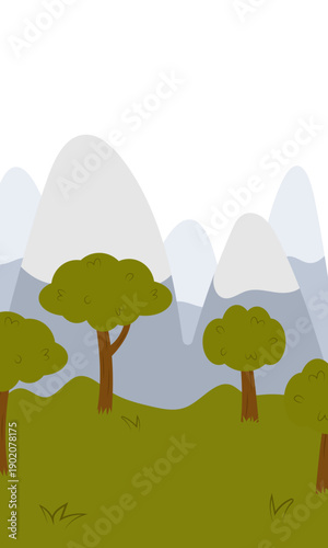 Flat vector illustration of camping outdoors. Mountains, campfire, tent, nature, camper, trees, coffee, backpack, guitar, kettle, boiler, tea, silence, calm, peace, marshmallows on fire