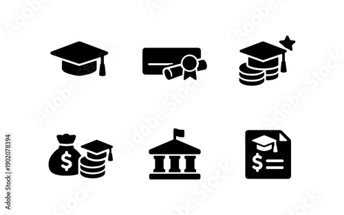 Set of education and finance icons representing graduation, money, and institutions
