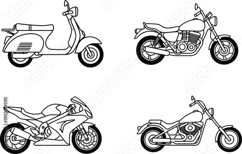 Black and white line art illustration of scooter, standard motorcycle, sport bike, and cruiser motorbike designs for transport graphics
