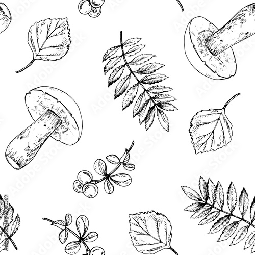 Taiga Forest Botanical pattern. Hand drawn mushrooms, leaves and berries. Clean black line art, vintage engraving style. Good for seamless patterns, textiles, packaging, stationery, wallpaper, prints.