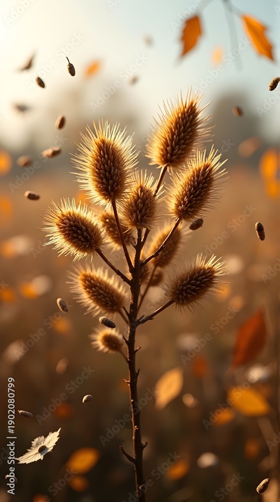 Obraz premium Golden Hour Dried Foxtail Grass Stems in Autumn Field with Falling Leaves, Bokeh Sunlight Backdrop