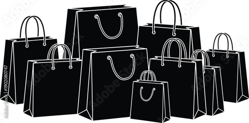 Collection of shopping bags in silhouette, representing commerce, consumerism, and retail