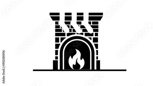 Festive fireplace with stockings, black isolated silhouette