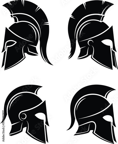 Collection of four black spartan helmets in profile view, isolated on white background