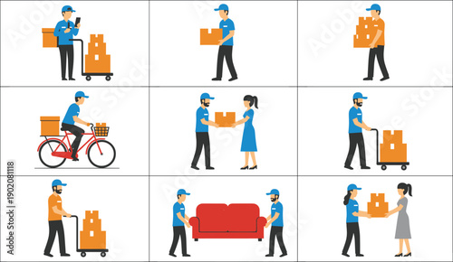 Delivery service scenes set with courier carrying boxes bicycle transport and moving furniture vector