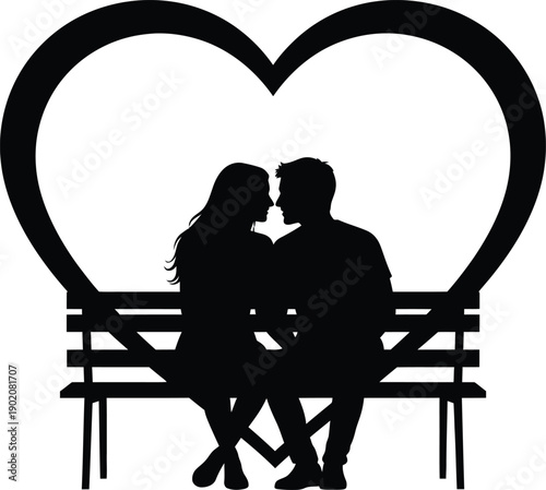 Couple Silhouette in Heart Frame Sitting on Bench, Valentine's Day Romance