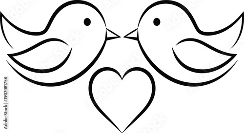 Cute Love Birds Silhouette Kissing Over Heart, Valentine's Day Romantic Design