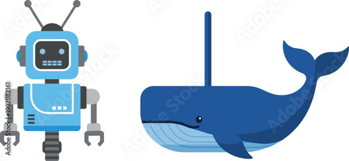 Cute robot and narwhal characters set isolated on white background cartoon vector